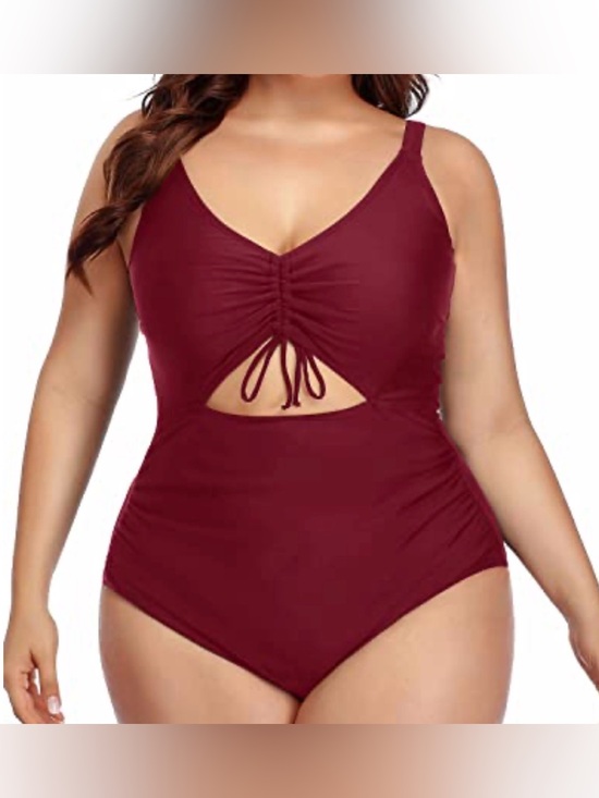 None Other - Plus Size Red One Piece Monokini Swimsuit With Cut Out Detail Ruched Summer 22W